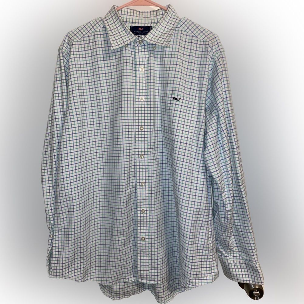 Vineyard Vines Slim Fit Tucker Long Sleeve Button Up Shirt Blue Green Plaid XL